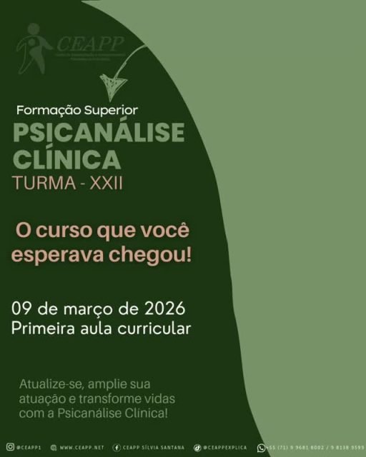 🌟 TURMA XXII – PSICANÁLISE CLÍNICA CEAPP 🌟
O curso que você esperava finalmente chegou… e essa é a sua ÚLTIMA CHAMADA! 🚨

Se você sente que nasceu para escutar, compreender e transformar vidas através da clínica, o seu próximo passo começa agora. 🧠✨

Não é apenas um curso.
É uma formação profunda.
É construção de identidade profissional.
É teoria sólida com prática real.
É preparo para o mercado com ética e excelência.

🎓 Formação completa em 24 meses
👩‍🏫 Corpo docente especializado
🧠 Supervisão de prática clínica
💻 Aulas online ao vivo
💰 Estágio remunerado
🌳 Localização privilegiada no Caminho das Árvores
🔄 Eventos híbridos exclusivos

📅 Início das aulas: 09 de março de 2026 (segunda-feira)
⏰ 18h30 (horário de Brasília)
💻 Ao vivo pelo Zoom

Essa aula curricular marca o início de uma jornada que transforma:

✔ Sua escuta clínica
✔ Seu raciocínio terapêutico
✔ Sua postura profissional
✔ Sua inserção no mercado

🔥 Últimos dias para matrícula!
🔥 Condições especiais para quem garantir agora!

O link da aula será enviado exclusivamente aos inscritos.

📲 Inscreva-se:
https://forms.gle/Pc6krZLBtuSJBqGB9

📞 WhatsApp Direção CEAPP:
https://wa.me/557181389599

👥 Grupo VIP:
https://chat.whatsapp.com/C2rqs2koWNeDV2H9sRIMOp

💬 Quer fazer parte da Turma XXII?
Comente: EU VOU 👇

#PsicanáliseClínica #Turma22 #CEAPP #FormaçãoEmPsicanálise #Psicanálise2026 CarreiraClínica Psicologia SaúdeMental FormaçãoProfissional MercadoClínico VemProCEAPP