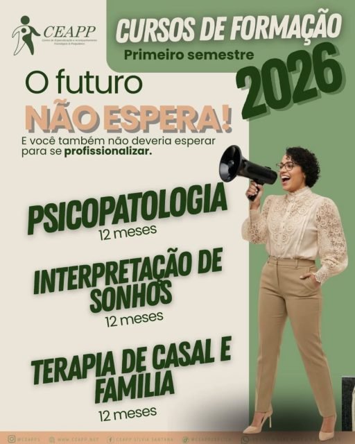 🚀 LANÇAMENTO DAS FORMAÇÕES – 1º SEMESTRE | CEAPP

O CEAPP abre oficialmente as inscrições para três formações profissionais completas, com duração de 12 meses, voltadas para quem deseja aprofundar conhecimentos clínicos, ampliar a prática terapêutica e se especializar em áreas fundamentais da psicologia e da psicanálise.

✨ Formação em Psicopatologia
Uma formação essencial para compreender, identificar e analisar os principais transtornos psíquicos a partir de uma visão clínica aprofundada. O curso aborda estrutura psíquica, diagnóstico diferencial, leitura clínica e compreensão das manifestações psicopatológicas no contexto contemporâneo.

💬 Formação em Terapia de Casal e Família
Voltada para profissionais que desejam atuar com dinâmicas relacionais e familiares, a formação aprofunda os conflitos conjugais, padrões emocionais, comunicação afetiva e intervenções terapêuticas que auxiliam na reconstrução dos vínculos.

🌙 Formação em Interpretação de Sonhos
Uma jornada fascinante pelo universo do inconsciente. A formação explora os sonhos como linguagem psíquica, abordando teoria, simbolismo, análise clínica e técnicas de interpretação utilizadas na prática terapêutica.

📚 Duração: 12 meses
📅 Início das turmas: em até 2 meses
🎓 Formações voltadas para profissionais e estudantes da área clínica e terapêutica.

⚠️ Vagas limitadas para as primeiras turmas.

Aprofunde sua formação clínica e expanda sua atuação profissional com o CEAPP

#Psicopatologia #FormaçãoClínica #TerapiaDeCasal #TerapiaFamiliar #InterpretaçãoDeSonhos Psicanálise FormaçãoProfissional CEPF SaúdeMental PsicologiaClínica
