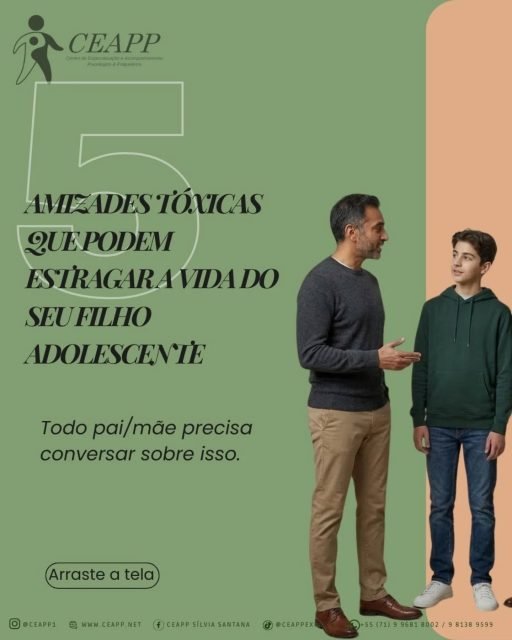 ⚠️ Nem toda amizade faz bem para o seu filho.

Muitos pais se preocupam com drogas, violência ou más escolhas…

Mas esquecem de algo que quase sempre vem antes de tudo isso: as amizades.

Alguns amigos podem:

❌ incentivar seu filho a mentir
❌ pressionar para fazer coisas erradas
❌ humilhar ou diminuir nas redes sociais
❌ afastar ele da família
❌ puxar ele para um caminho sem futuro

E o mais perigoso…

Muitas vezes isso começa de forma silenciosa.

Por isso é tão importante ensinar seu filho adolescente a reconhecer uma amizade tóxica.

🧠 Amigo de verdade:
✔ respeita
✔ apoia
✔ protege
✔ quer ver você crescer

Se a amizade traz medo, pressão ou vergonha…

🚨 isso não é amizade.

Converse com seu filho sobre isso hoje.

Porque muitas vezes não é o problema que chega primeiro…
é a amizade errada.

💬 Me conta nos comentários:
Você já viu seu filho ou algum adolescente sofrer por causa de amizades erradas?

📌 Salve este post para conversar depois com seu filho.
📤 Compartilhe com outros pais.

#educacaodefilhos
#paisefilhos
#adolescentes
#amizadetoxica
#educacaoparental
psicologiainfantil