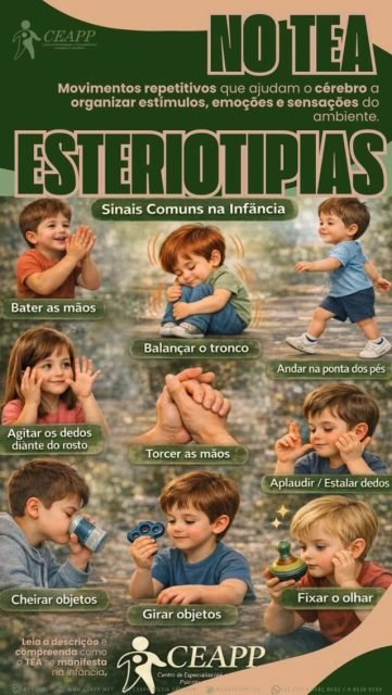 Você sabia que alguns comportamentos repetitivos podem ser formas de autorregulação no autismo? 🧠✨

Muitas crianças no espectro apresentam estereotipias, que são movimentos repetitivos que ajudam o cérebro a organizar estímulos, emoções e sensações do ambiente.

Entre os mais comuns estão:
🔹 Bater ou estalar as mãos
🔹 Balançar o corpo ou o tronco
🔹 Andar na ponta dos pés
🔹 Agitar os dedos diante do rosto
🔹 Torcer as mãos
🔹 Girar objetos
🔹 Cheirar objetos
🔹 Fixar o olhar em estímulos específicos

Esses comportamentos não são “manias” ou “birra”. Muitas vezes são estratégias naturais do cérebro para lidar com excesso de estímulos, ansiedade ou necessidade sensorial.

⚠️ Quanto mais cedo esses sinais são compreendidos, maiores são as possibilidades de intervenção adequada e desenvolvimento saudável.

Informação transforma vidas.
Compreender é o primeiro passo para incluir. 💙

📌 Compartilhe este conteúdo para que mais pessoas entendam os sinais do autismo.

É CEAPP fazendo você nunca desistir de você.

#autismo #tea #neurodesenvolvimento #neuropsicologia #desenvolvimentoinfantil neurodiversidade psicologia educaçãoinclusiva autismoinfantil ceapp