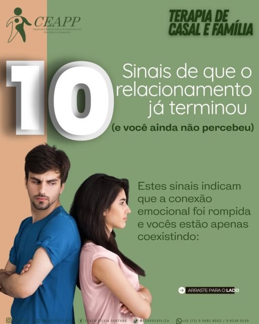 💔 10 Sinais de que o Relacionamento Já Terminou (e Você Ainda Não Percebeu)
Às vezes, a conexão emocional se rompe e o casal passa apenas a coexistir. Identificar esses sinais é o primeiro passo para entender o que está acontecendo. 👇

1️⃣ Indiferença absoluta: 😐 A raiva e o desejo de brigar sumiram. O que o outro faz simplesmente não importa mais.
2️⃣ Planos individuais: 🗺️ Ao imaginar o futuro (daqui a 1 ou 5 anos), o parceiro não aparece mais nas suas cenas mentais.
3️⃣ Alívio na ausência: ✨ Você sente paz e liberdade quando o outro sai ou viaja, em vez de sentir saudade.
4️⃣ Silêncio desconfortável: 🤫 O silêncio não é mais de cumplicidade, mas sim por falta de assunto ou medo de conflito.
5️⃣ Fim da intimidade: 👋 Não é só o sexo. Abraços, andar de mãos dadas e o beijo de bom dia desapareceram.
6️⃣ Busca por distrações: 📱 Vocês evitam ficar sozinhos, usando trabalho, celular ou amigos como "escudo".
7️⃣ Desprezo: 🙄 Pequenos hábitos do outro que antes eram irrelevantes agora te causam irritação e desprezo.
8️⃣ Segredos emocionais: 🗣️ Você prefere contar suas vitórias e problemas para amigos ou estranhos antes de falar com seu parceiro.
9️⃣ Falta de esforço: 🔋 Nenhum dos dois tem energia para tentar salvar a relação; "conversar sobre nós" parece exaustivo.
🔟 Vidas em paralelo: 🏠 Vocês moram juntos, mas vivem vidas totalmente independentes, como colegas de quarto.

#relacionamento #fimdenamoro #crise #autoconhecimento #reflexao vidadois casal termino saudeemocional