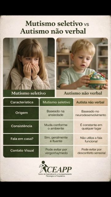 🧠✨ AUTISMO NÃO VERBAL ou MUTISMO SELETIVO? Você sabe a diferença?

Muita gente confunde — e isso pode atrasar o apoio que a criança realmente precisa! 👀

👉 No autismo não verbal, a criança apresenta dificuldade de comunicação e pode não falar.
👉 Já no mutismo seletivo, ela fala sim… mas em ambientes específicos (como só em casa 🏡).

🚨 Atenção, pais e professores!
Se a criança se comunica normalmente em casa, mas “trava” na escola ou com outras pessoas… isso pode ser um sinal importante!

💬 Informação muda realidades!
Quanto mais gente entende, mais crianças são acolhidas do jeito certo ❤️

👇 Me conta aqui nos comentários:
Você já conhecia essa diferença?

🔁 Compartilhe com alguém que precisa saber disso!

#Autismo #MutismoSeletivo #Neurodiversidade #Inclusão #EducaçãoInclusiva SaúdeMental PsicologiaInfantil DesenvolvimentoInfantil CEAPP Conscientização Aprendizagem Professores PaisAtentos EmpatiaSempre 💙🧩✨