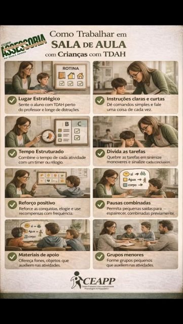 🎯 Como trabalhar com crianças com TDAH em sala de aula?

Ensinar uma criança com TDAH não é sobre “controlar”, mas sim adaptar o ambiente para favorecer o aprendizado 💡

📚 Algumas estratégias que fazem toda a diferença:
✔️ Lugar estratégico: perto do professor e longe de distrações
✔️ Instruções claras e curtas: uma orientação por vez
✔️ Rotina estruturada: previsibilidade ajuda na organização
✔️ Dividir tarefas: pequenas etapas facilitam a execução
✔️ Redução de estímulos: menos barulho = mais foco
✔️ Reforço positivo: valorize cada conquista 👏
✔️ Pausas combinadas: pequenas pausas ajudam na autorregulação
✔️ Apoios visuais: imagens, cores e palavras-chave auxiliam muito
✔️ Grupos menores: favorecem a participação e compreensão

🧠 O TDAH não é falta de interesse — é uma forma diferente de funcionamento do cérebro.
Com as estratégias certas, o aprendizado acontece de forma muito mais leve e eficaz ✨

🤝 Escola e família, juntas, potencializam resultados!

#TDAH #EducaçãoInclusiva #Psicologia #Neurodesenvolvimento #Aprendizagem Professores Inclusão SaúdeMental CEAPP DicasPedagógicas