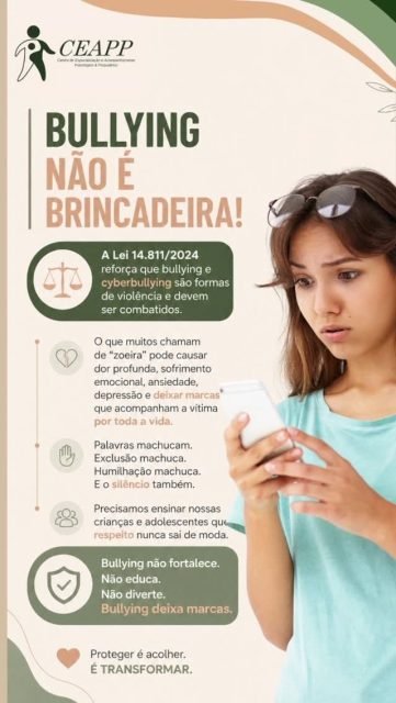 🚨 Agora é LEI: Bullying NÃO é brincadeira! 🚨

A Lei 14.811/2024 já está em vigor e reforça que o bullying e o cyberbullying são formas de violência que precisam ser combatidas com seriedade. 💔📱

O que muitos chamam de “zoeira” pode causar dor profunda, sofrimento emocional, ansiedade, depressão e deixar marcas que acompanham a vítima por toda a vida. 🥺

Palavras machucam. Exclusão machuca. Humilhação machuca.
E o silêncio também. ⚠️

Precisamos ensinar nossas crianças e adolescentes que respeito nunca sai de moda. 🤝✨

Bullying não fortalece.
Não educa.
Não diverte.
Bullying deixa marcas.

💛 Faça bonito: proteja, acolha e denuncie.

#BullyingÉCrime #Lei14811 #Cyberbullying #Respeito #SaúdeMental ProteçãoInfantil ViolênciaPsicológica EscolaSegura Empatia FaçaBonito CEAPP Psicologia Neuropsicologia Psicanálise CriançasEAdolescentes CombateAoBullying